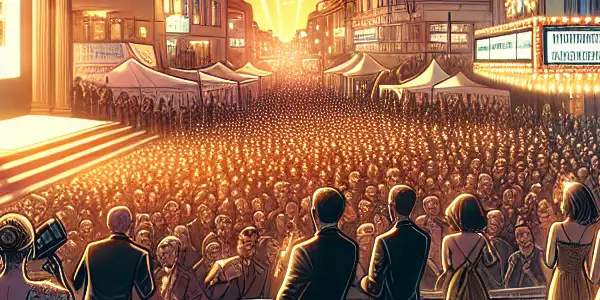 A vibrant red carpet event at the Montreal International Film Festival with glamorous attendees, filmmakers, and iconic architecture.