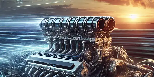 A futuristic sports car featuring the 2026 Passion Engine on a racetrack at sunset, showcasing speed and innovation.