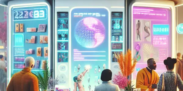 A bustling futuristic adult marketplace in 2026, featuring diverse customers exploring colorful products and high-tech amenities.