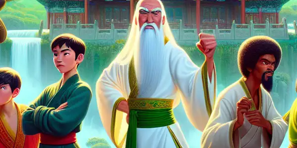 Ten diverse brothers with unique powers heroically pose in a vibrant, whimsical ancient China setting filled with humor and magic.