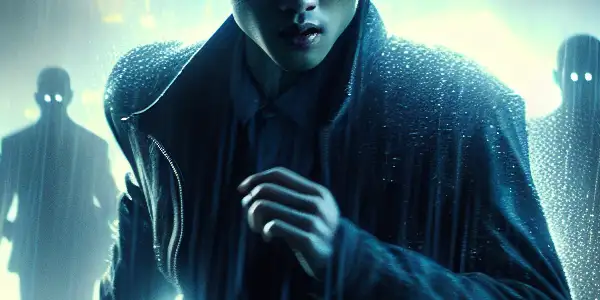 Kei Nagai evades shadowy government agents in a dark, neon-lit urban landscape, showcasing determination and suspense.