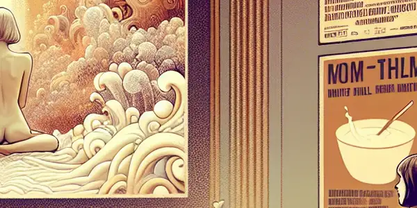 A cozy home theater scene featuring a couple watching abstract representations of milk, surrounded by themed film posters.