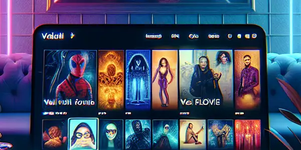 A sleek digital interface displaying diverse adult film thumbnails on a cozy coffee table setup.