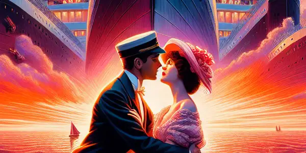 A couple in early 20th-century attire embraces at sunset on the bow of a grand ocean liner.