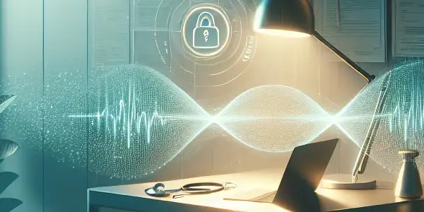 A serene room with a closed laptop, health reports, and a stethoscope, symbolizing privacy in medical consultation.