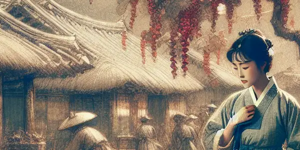 A woman in traditional attire gazes longingly in a nostalgic village scene during the Japanese colonial period.