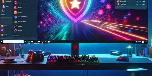 A cozy gaming setup featuring a large monitor, comfortable chair, and security symbols, emphasizing safe adult gaming.