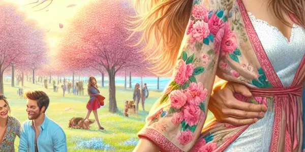 A joyful couple plays in a vibrant spring park filled with cherry blossoms, friends picnicking, and kites flying.<a href=