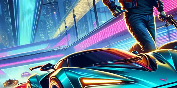 Futuristic racing cars speed through a neon-lit cityscape, featuring a confident racer amidst thrilling obstacles and adult-themed elements.