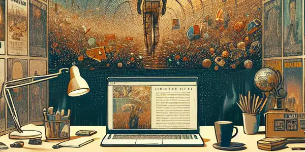 A cozy film review studio filled with movie posters, a laptop, magazines, and a screen showing dynamic clips.