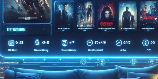 Promotional poster for a fictional movie platform featuring a high-definition screen, movie genres, and cozy home theater elements.