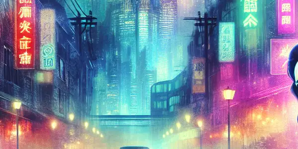 A captivating female protagonist in a vibrant urban night scene, filled with intrigue, passion, and suspense.