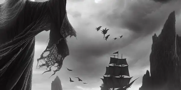 A powerful sorcerer conjures a tempest on a rocky shoreline, surrounded by stormy seas and ghostly figures.