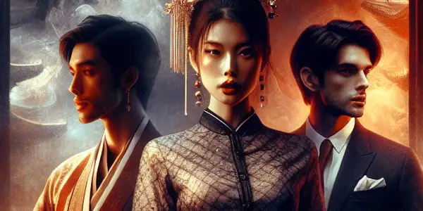 A vibrant film studio scene featuring diverse Asian characters in traditional and modern attire, set against intricate architecture.