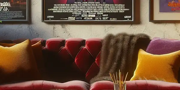 A cozy retro living room filled with vintage furniture, nostalgic film posters, and warm ambient lighting.