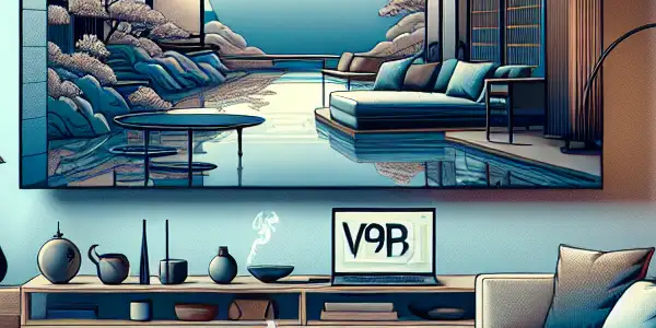 A modern living room featuring a high-definition screen, cozy furnishings, and subtle technology elements emphasizing digital privacy and security.