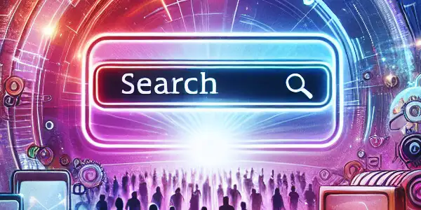 A vibrant digital scene depicting a futuristic search for Japanese adult films, featuring silhouettes and glowing elements.