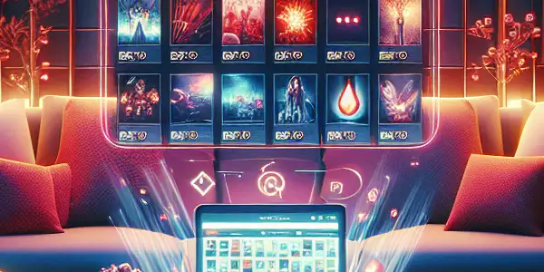 A modern online shopping interface for Japanese adult films, featuring colorful movie thumbnails and a cozy living room setting.