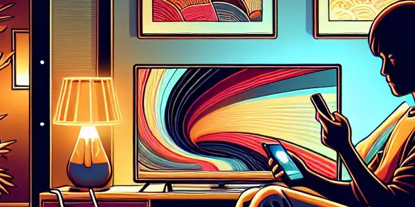 A person relaxing on a couch, watching vibrant video content on a smartphone in a cozy, ambient-lit room.