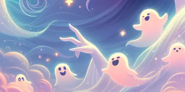 A whimsical poster featuring an ethereal mother surrounded by playful spirits in a dreamlike landscape.