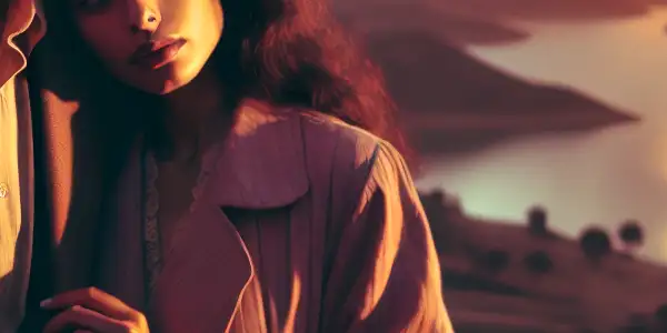 A young couple stands on a scenic overlook at sunset, embodying love's challenges and emotional tension.