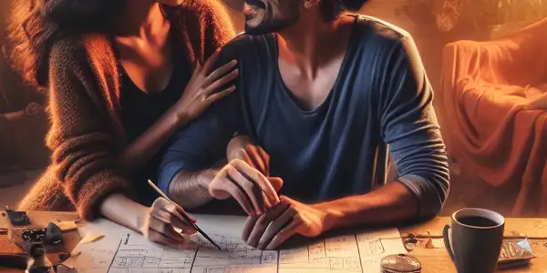 A loving couple collaborates on a film project in a cozy, inviting home filled with creative materials.