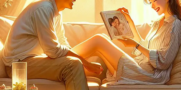 A young couple joyfully reminiscing over a photo album in a cozy, warmly lit living room.
