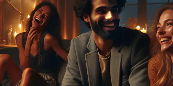 A cozy living room scene with two couples, one joyful and relaxed, the other tense and pensive, during a gathering.