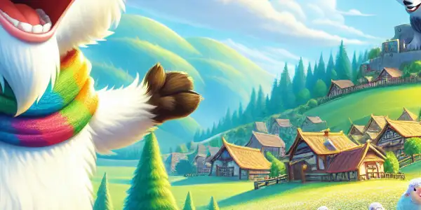 A colorful village scene featuring cheerful sheep and a mischievous wolf, highlighting friendship and adventure in a sunny meadow.
