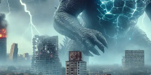 Godzilla towers over a devastated cityscape, roaring amidst destruction and chaos under a stormy sky.