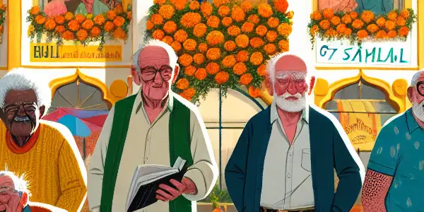 A group of seven elderly British travelers enjoying a vibrant Indian hotel scene filled with marigold flowers and cultural charm.