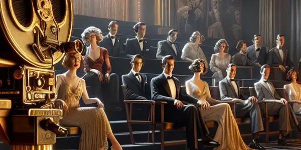 A glamorous Hollywood film set featuring vintage cameras, actors in elegant attire, and Art Deco architecture.
