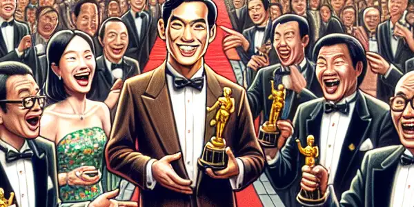 A vibrant scene of the 2005 Hong Kong Film Awards with Stephen Chow celebrating his Best Film win amidst glamorous guests.