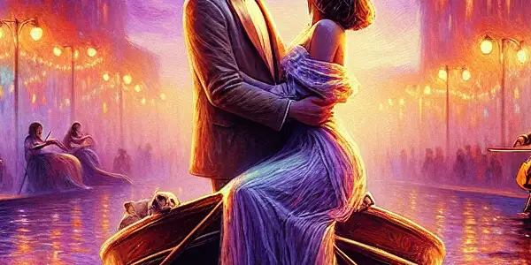 A couple gazes into each other's eyes on a vintage boat at twilight, with a jazz band and colorful lights nearby.