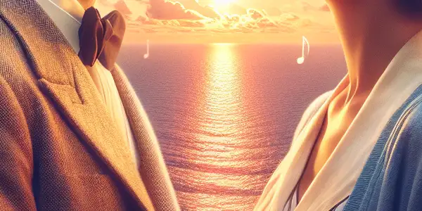 A couple gazes lovingly at each other on a cruise ship deck during a vibrant sunset.