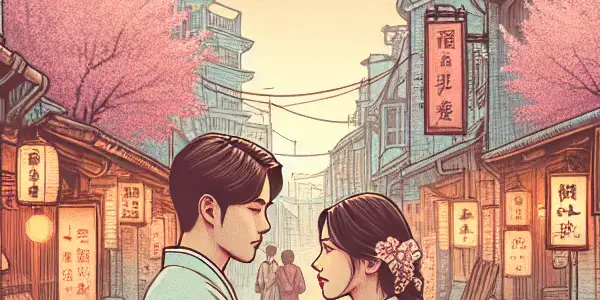 A young couple in traditional attire shares a deep emotional moment under cherry blossom trees in 1980s Taiwan.