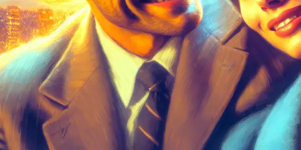 A romantic moment between a charming salesman and an independent woman against a vibrant urban sunset backdrop.