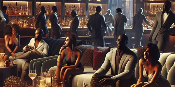 A modern lounge filled with diverse people sharing intimate moments, featuring abstract art and a romantic atmosphere.