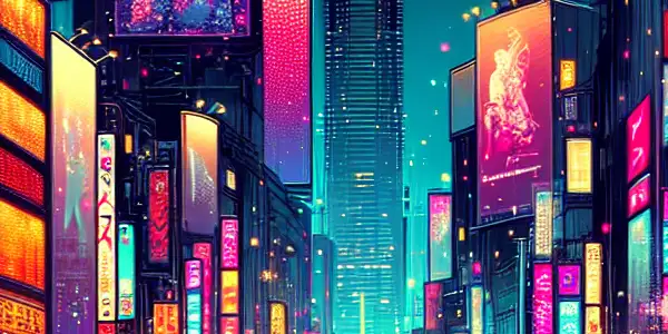 A vibrant neon-lit cityscape at night featuring stylish figures and abstract adult film billboards amidst cherry blossom trees.