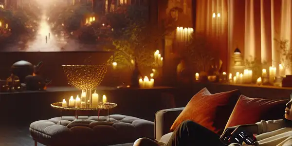 A cozy, intimate room where a couple explores their passions together, surrounded by soft lighting and elegant decor.