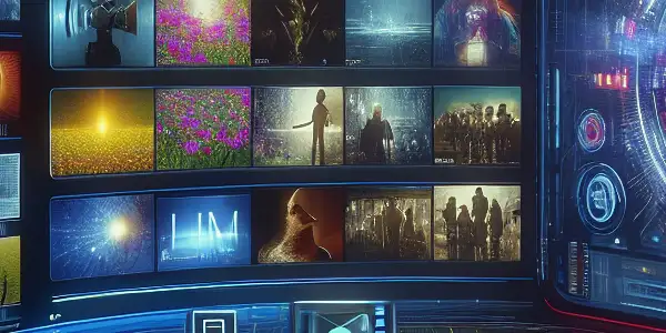 A futuristic digital platform interface featuring vibrant thumbnails for adult content, emphasizing user-friendly design and privacy.