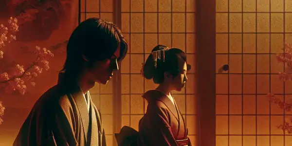 A contemplative character in traditional Japanese attire surrounded by cherry blossoms, evoking tension and complex emotions in an intimate setting.