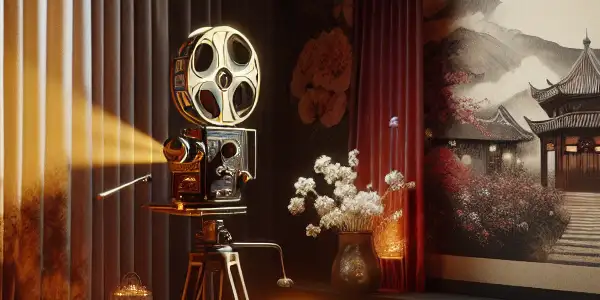 A stylish, dimly-lit room with a vintage projector, silk curtains, and elegant decor, evoking Asian cinema's allure.
