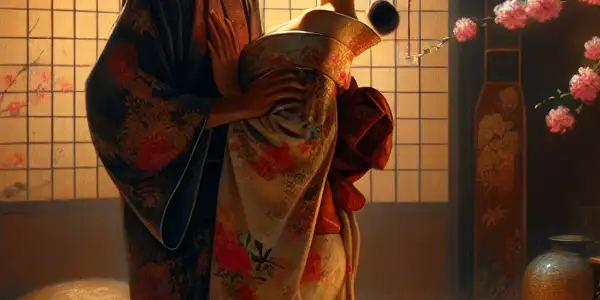 An intimate scene of two figures in traditional Japanese attire embracing in a softly lit, romantic setting.
