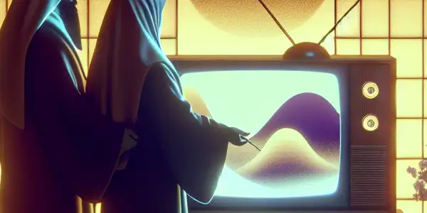 A cozy, intimate room with a couple watching abstract adult cinema on a vintage TV, symbolizing safe erotic exploration.