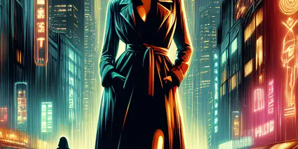 A mysterious urban scene featuring a stylish, confident character amidst neon lights and rain-slicked streets.