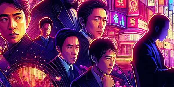 A modern digital interface showcasing colorful thumbnails of Japanese adult films with popular actresses and vibrant neon lights.