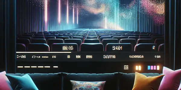 A cozy modern home theater with plush seating, abstract visuals, and soft neon lighting for an intimate movie experience.