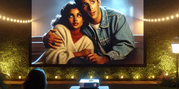 A cozy outdoor cinema scene with a couple watching a classic film under a starry night sky.