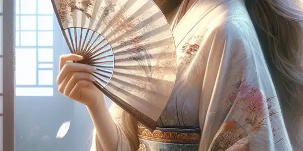 Elegant woman in a silk kimono, surrounded by cherry blossoms in a stylish Japanese bedroom.